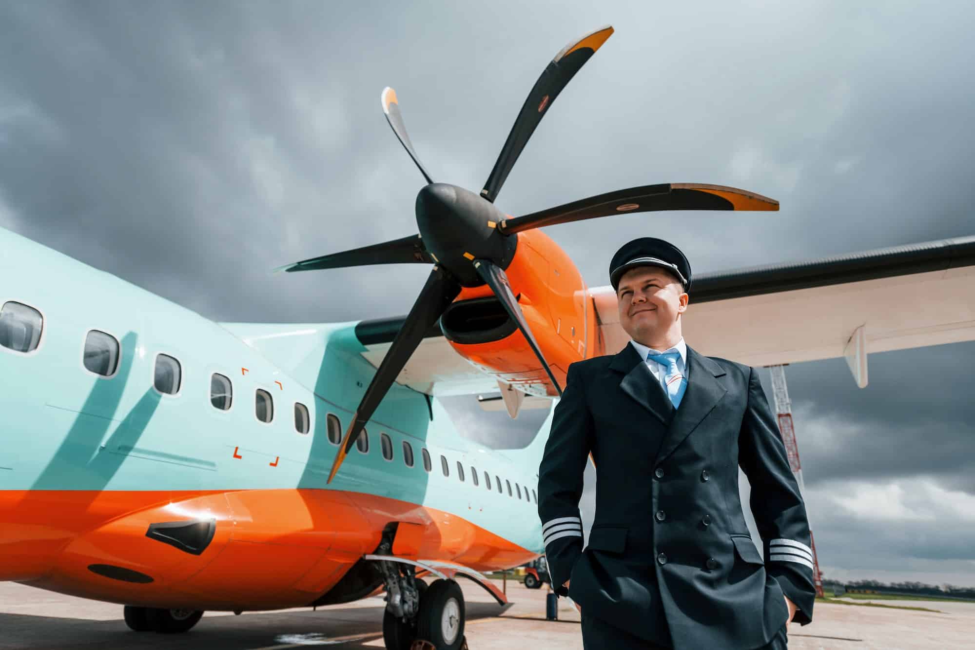 Pilot in uniform standing outdoors near modern airplane